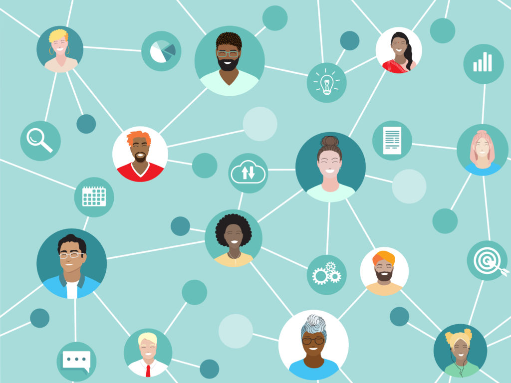 Corporate team working remotely online on a project. Business web communication vector seamless pattern. Diverse employees work together, international network, virtual office, freelancers project group.