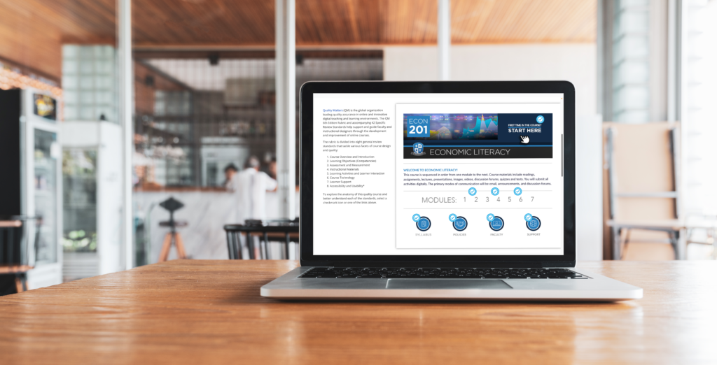 Laptop with the faculty ecommons website pulled up. The user is on the anatomy of a quality course page.