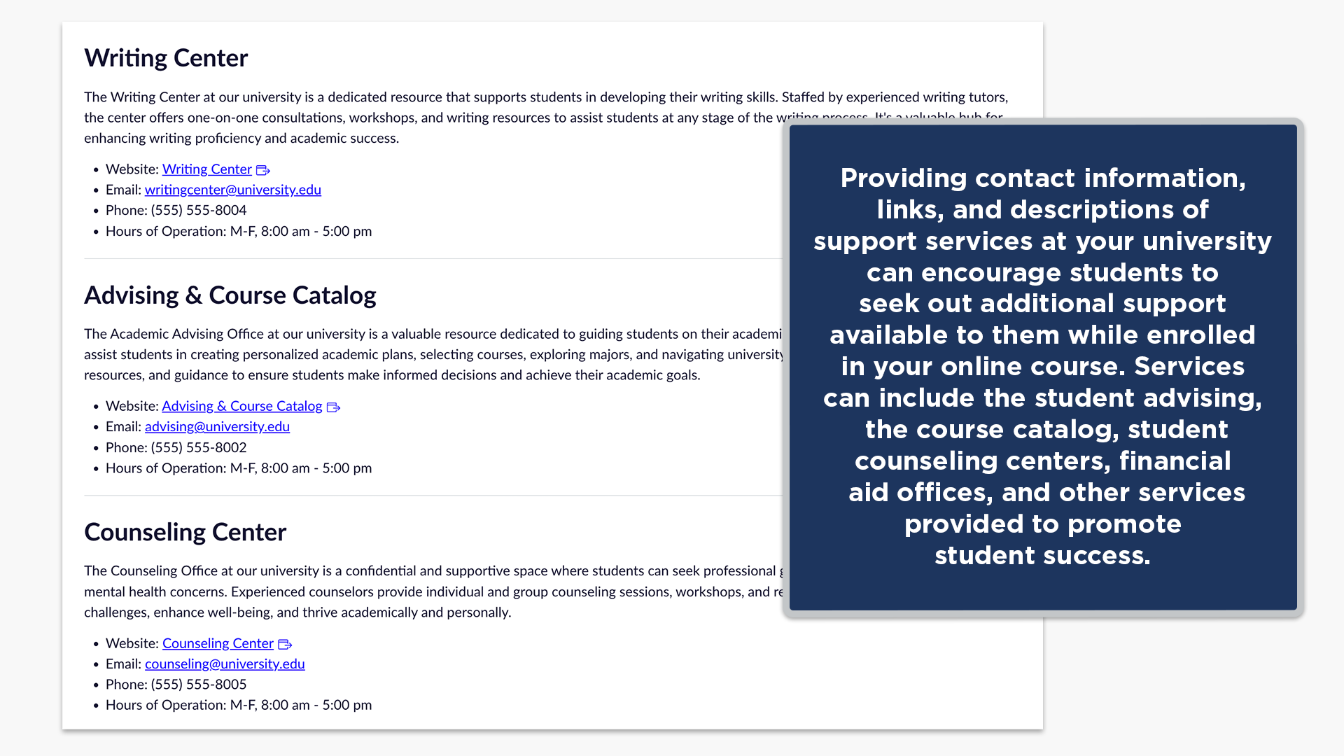 Providing contact information, links, and descriptions of support services at your university can encourage students to seek out additional support available them while enrolled in your online course. Services can include the student advising, the course catalog, studentcounseling centers, financial aid offices, and other servicesprovided to promote student success.
