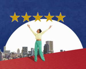 Collage of young woman holding hands in the air looking up to 5 gold stars above a city skyline