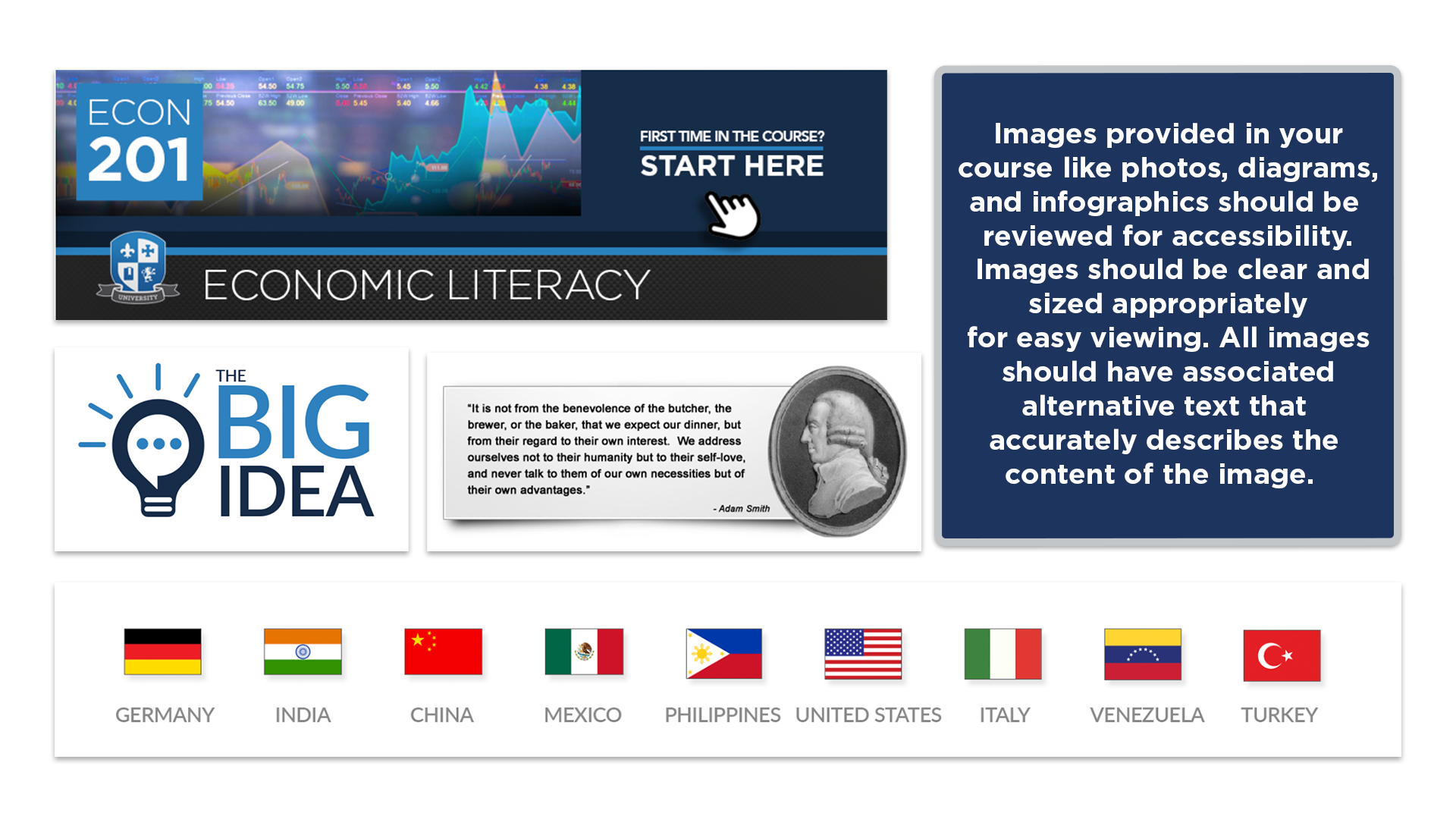 Images provided in yourcourse like photos, diagrams,and infographics should be reviewed for accessibility. Images should be clear andsized appropriatelyfor easy viewing. All imagesshould have associatedalternative text that accurately describes the content of the image.
