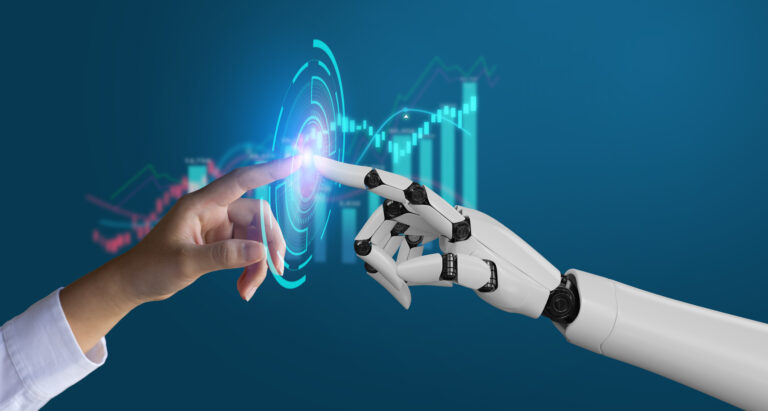 Robot hand ai artificial intelligence and human touching fingers on big data network connection background