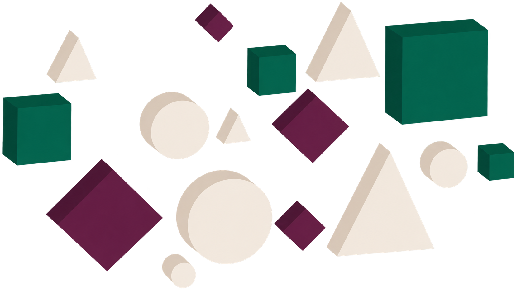 Scattered geometric shapes of varying colors, sizes, and orientations appear randomly across, including green cubes, beige circles, purple diamonds, and beige triangles. The unorganized arrangement illustrates how difficult it can be to remember or reproduce information when content is presented without structure or chunking.