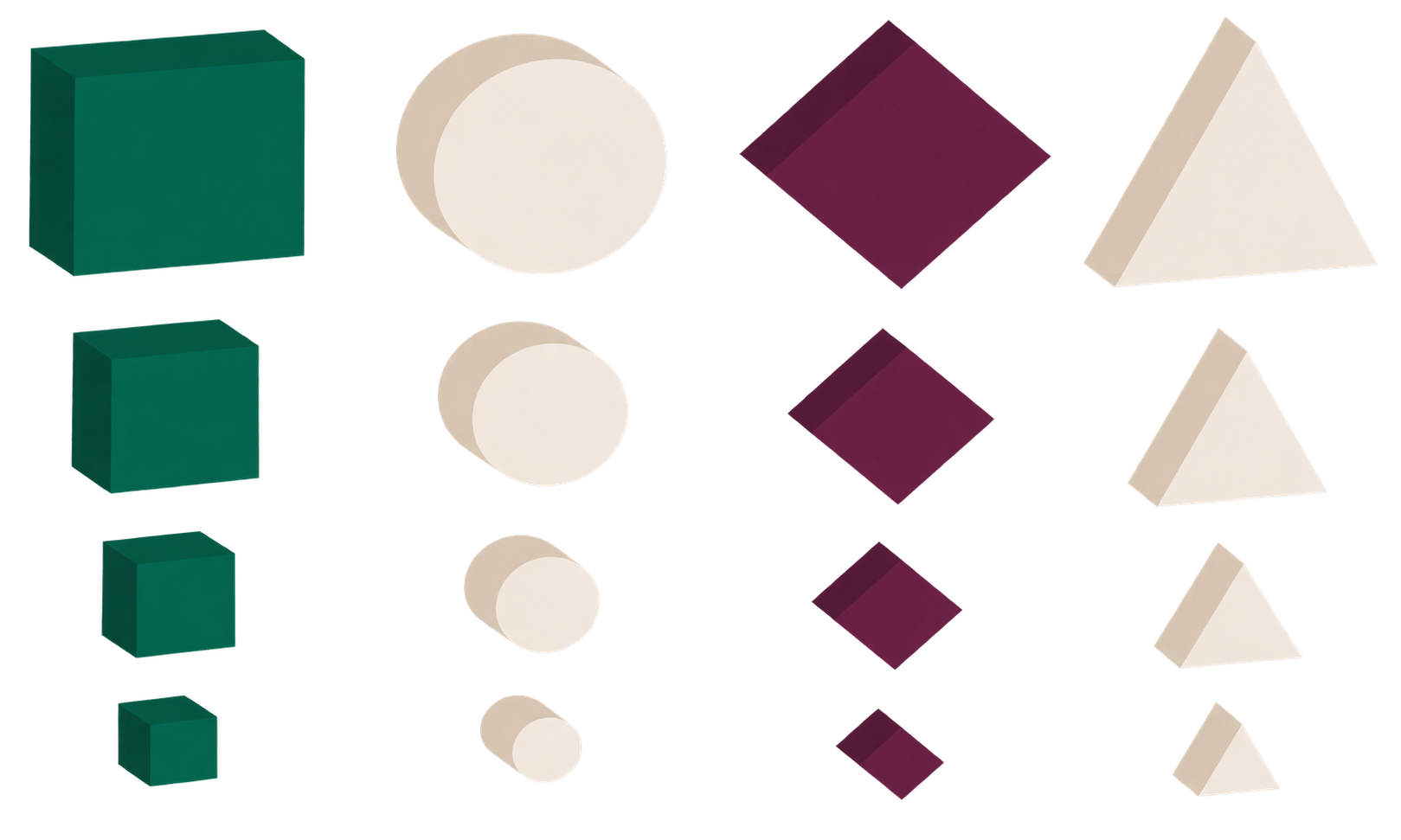 Geometric shapes are neatly organized into columns by type, color, and size. Green cubes, beige circles, purple diamonds, and beige triangles are grouped in descending size order, demonstrating how chunking and organizing information makes it easier to process, remember, and reproduce.