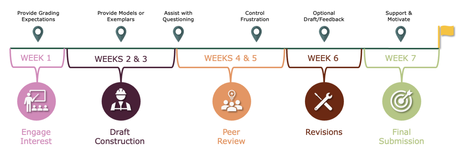 Infographic timeline showing a scaffolded 7-week assessment process from initial engagement through drafting, peer review, revisions, and final submission, alongside corresponding instructor supports.