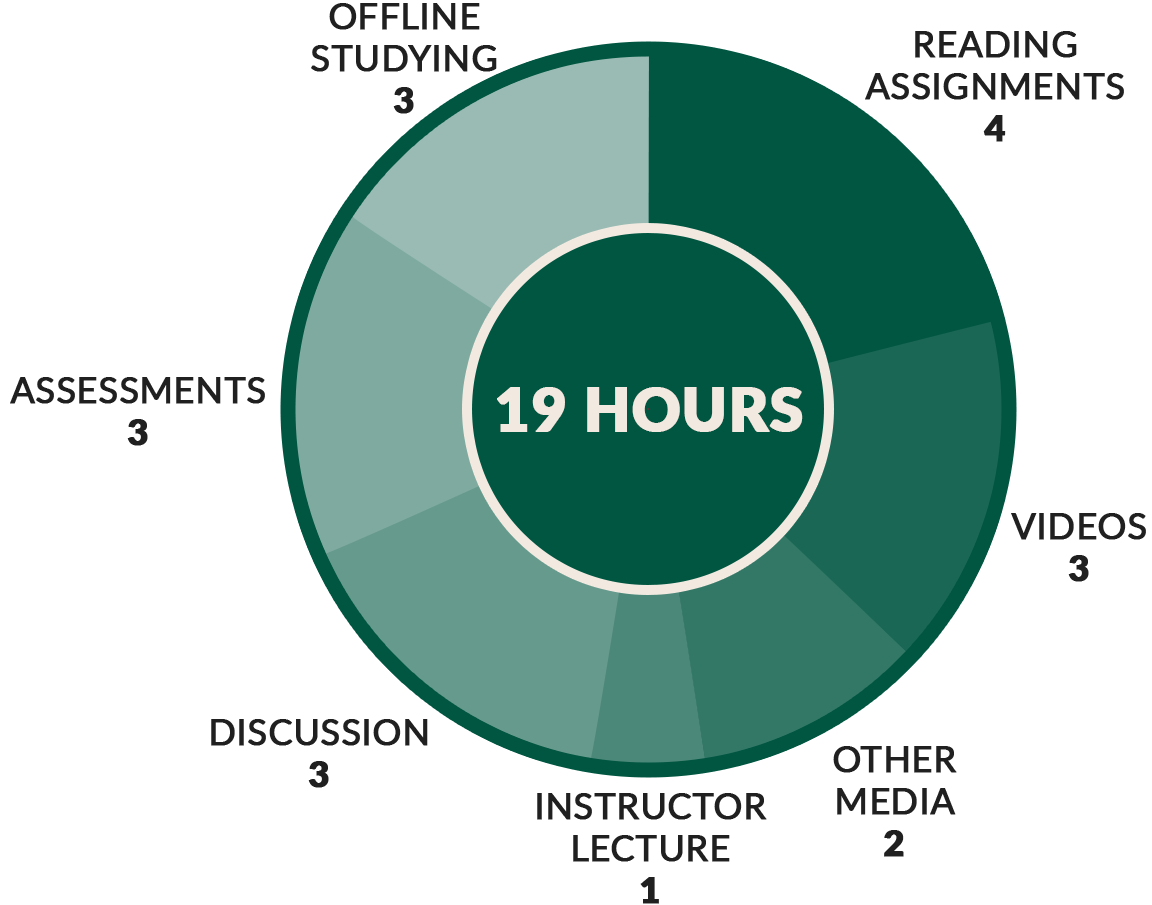 Donut chart showing “19 HOURS” in the center, divided into categories of study activities. The largest section is “Reading Assignments – 4 hours.” Other sections include “Videos – 3 hours,” “Discussion – 3 hours,” “Assessments – 3 hours,” “Offline Studying – 3 hours,” “Other Media – 2 hours,” and “Instructor Lecture – 1 hour.” The chart uses shades of green on a light gray background.