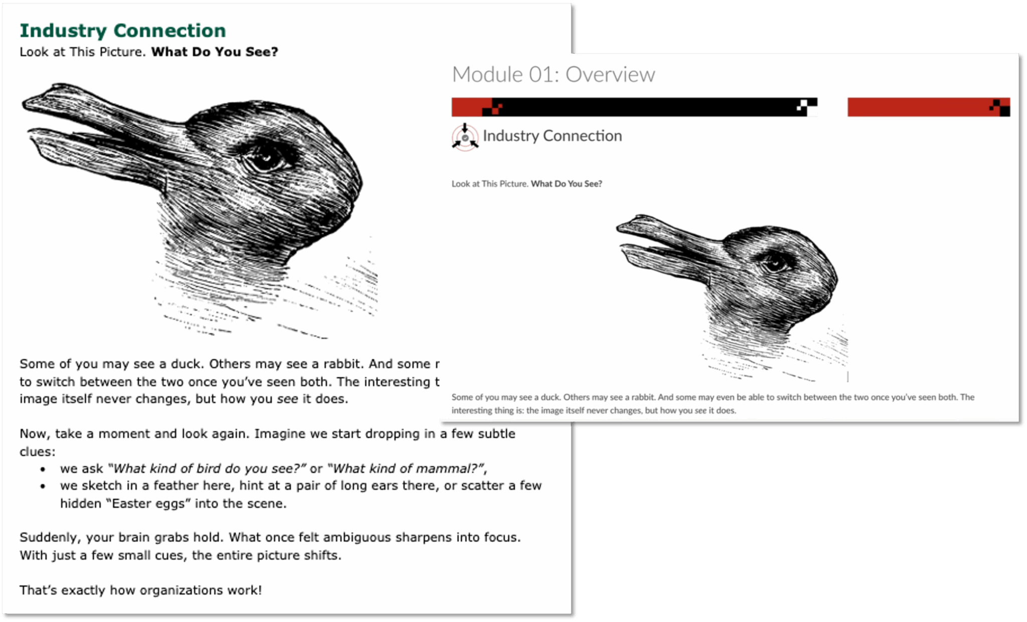 A mock-up image of an online course that illustrates how courses are created in a document and moved to the LMS