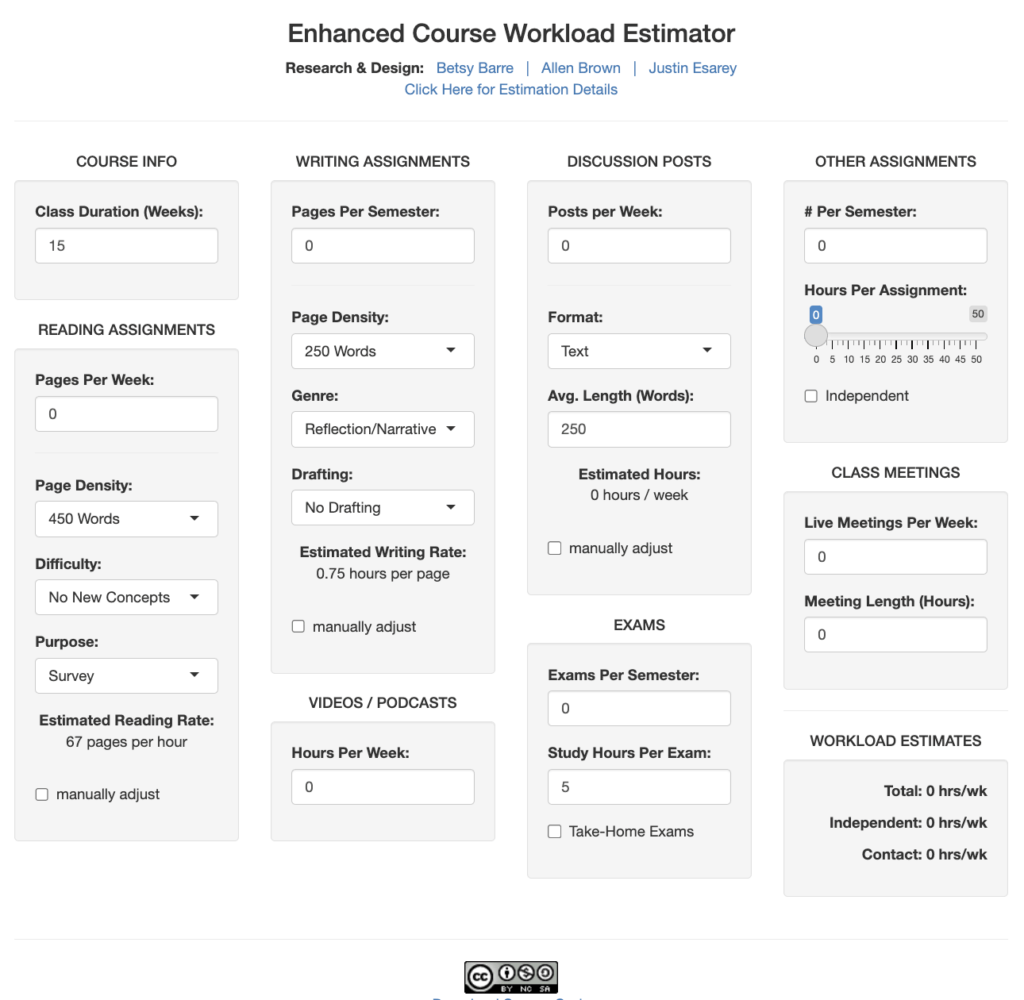 Screenshot of the Enhanced Course Workload Estimator tool with multiple input sections for course details, assignments, discussions, exams, and class meetings, alongside calculated weekly workload estimates. Click to open the interactive calculator.
