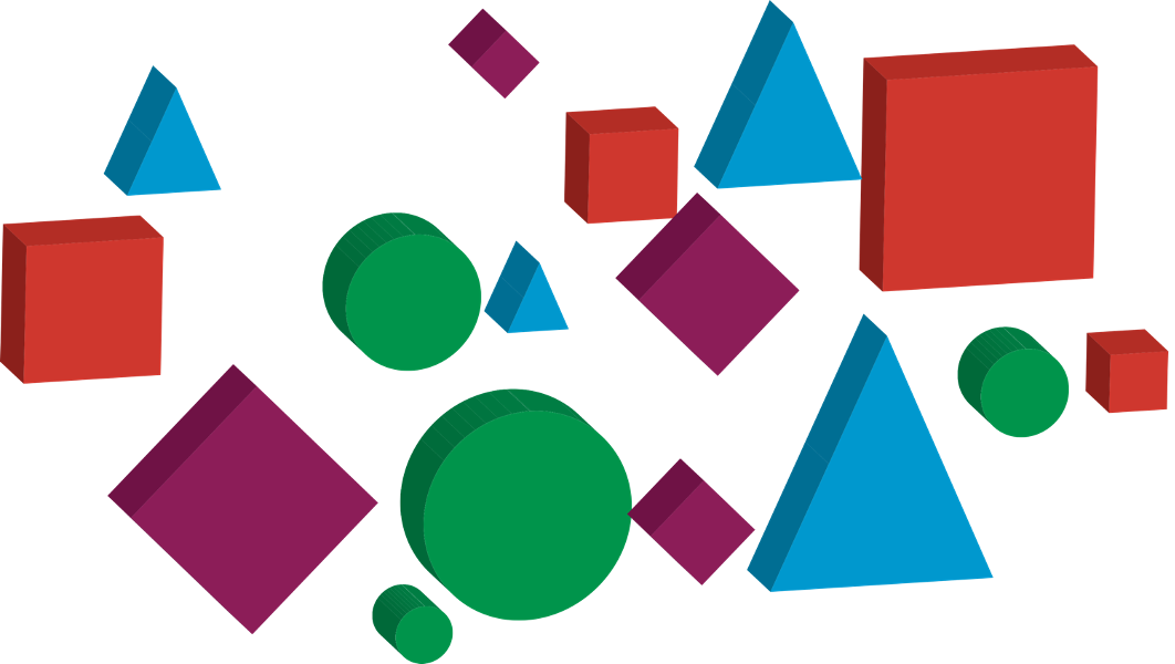 Scattered geometric shapes of varying colors, sizes, and orientations appear randomly across, including red cubes, green circles, purple diamonds, and blue triangles. The unorganized arrangement illustrates how difficult it can be to remember or reproduce information when content is presented without structure or chunking.