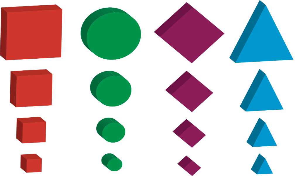 Geometric shapes are neatly organized into columns by type, color, and size. Red cubes, green circles, purple diamonds, and blue triangles are grouped in descending size order, demonstrating how chunking and organizing information makes it easier to process, remember, and reproduce.