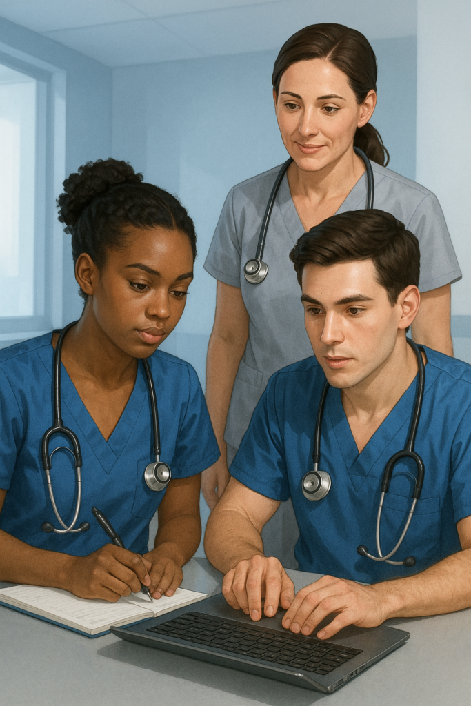 Three healthcare professionals in blue scrubs review information together on a laptop in a clinical setting. A male clinician types while a female colleague points at the screen, and a senior doctor stands behind them observing. Medical equipment and an IV stand are visible in the background.