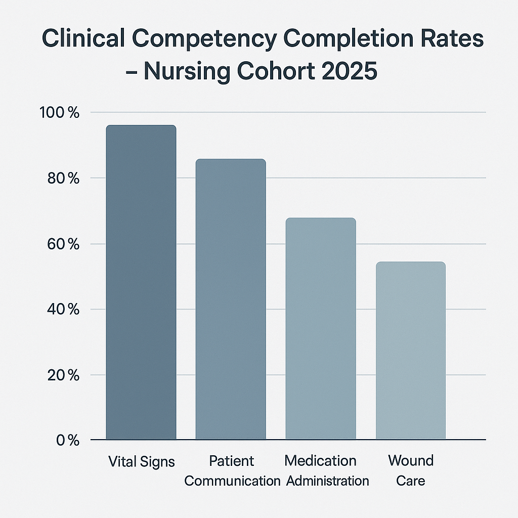 Bar chart titled “Clinical Competency Completion Rates – Nursing Cohort 2025” showing four categories with completion percentages: Vital Signs at about 95%, Patient Communication around 85%, Medication Administration near 68%, and Wound Care approximately 55%. The y-axis ranges from 0% to 100%.