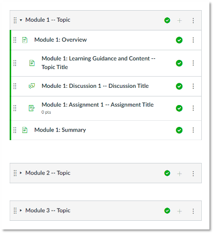 Course module list showing Module 1 items (overview, content, discussion, assignment, summary) and collapsed Modules 2 and 3.