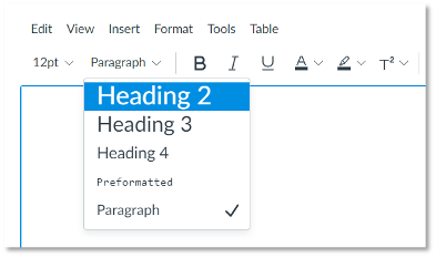 Text editor toolbar in an LMS with a dropdown menu showing heading options, including Heading 2, Heading 3, Heading 4, and Paragraph.