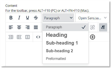 Text editor toolbar in an LMS with a dropdown menu showing paragraph and heading options, including Paragraph, Heading, Sub-heading 1, Sub-heading 2, and Preformatted.
