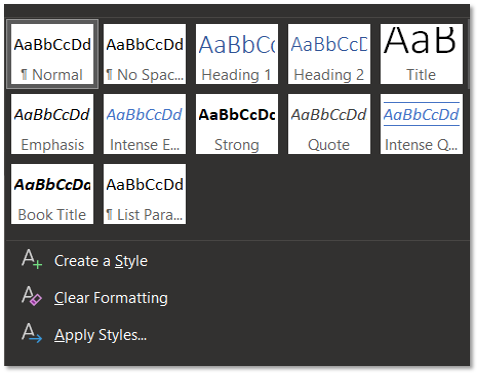 Text editor styles panel in Microsoft products showing formatting options, including Normal, No Spacing, Heading 1, Heading 2, Title, Emphasis, Strong, Quote, Intense Quote, Book Title, and List Paragraph.