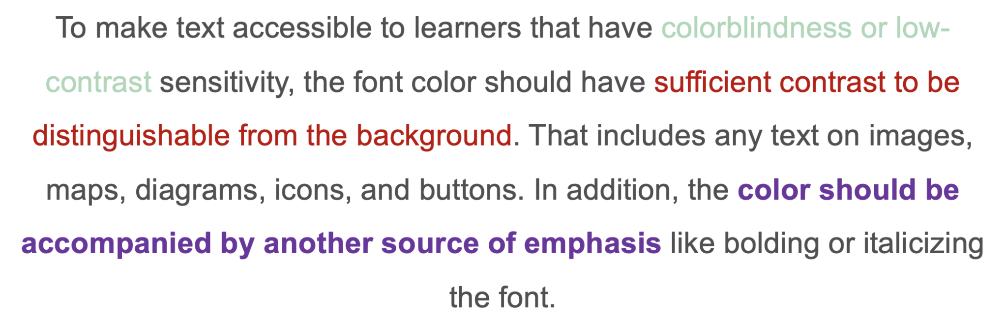 Text explaining and visually showing low contrast and high contrast colors as well as bolding text for emphasis. The text reads: "To make text accessible to learners that have colorblindness or low-contrast sensitivity, the font color should have sufficient contrast to be distinguishable from the background. That includes any text on images, maps, diagrams, icons, and buttons. In addition, the color should be accompanied by another source of emphasis like bolding or italicizing the font.