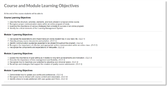 Page titled “Course and Module Learning Objectives” showing dense blocks of text with course and module objectives, illustrating how large amounts of text and limited white space can reduce readability and cause visual fatigue.