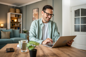 Man excitedly navigates laptop while at home.