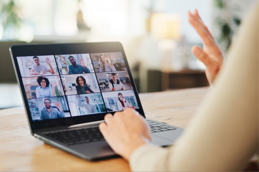 Wave hello, online or person in webinar for teamwork